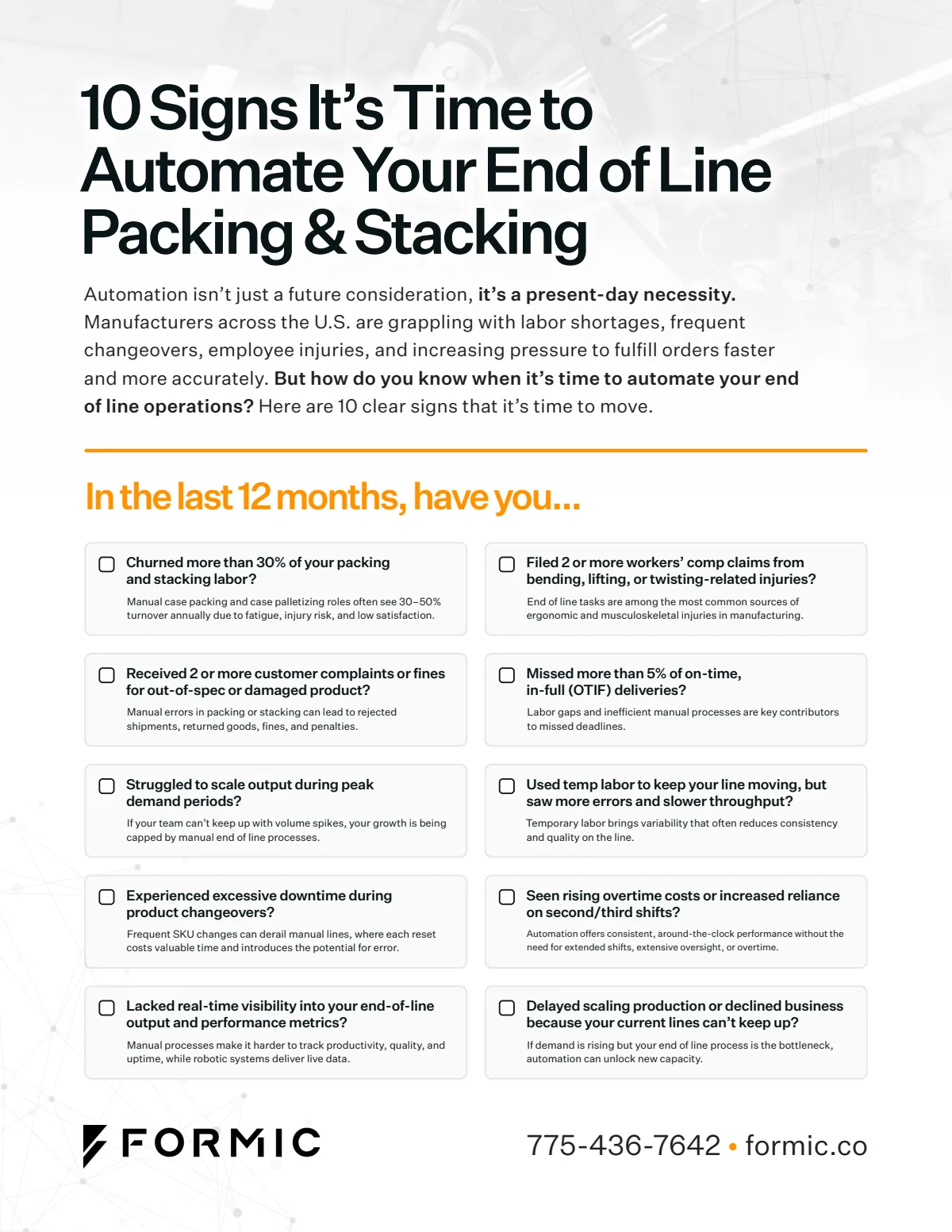 Cover of the Formic checklist, 10 Signs It's Time to Automate Your End of Line Packing and Stacking.