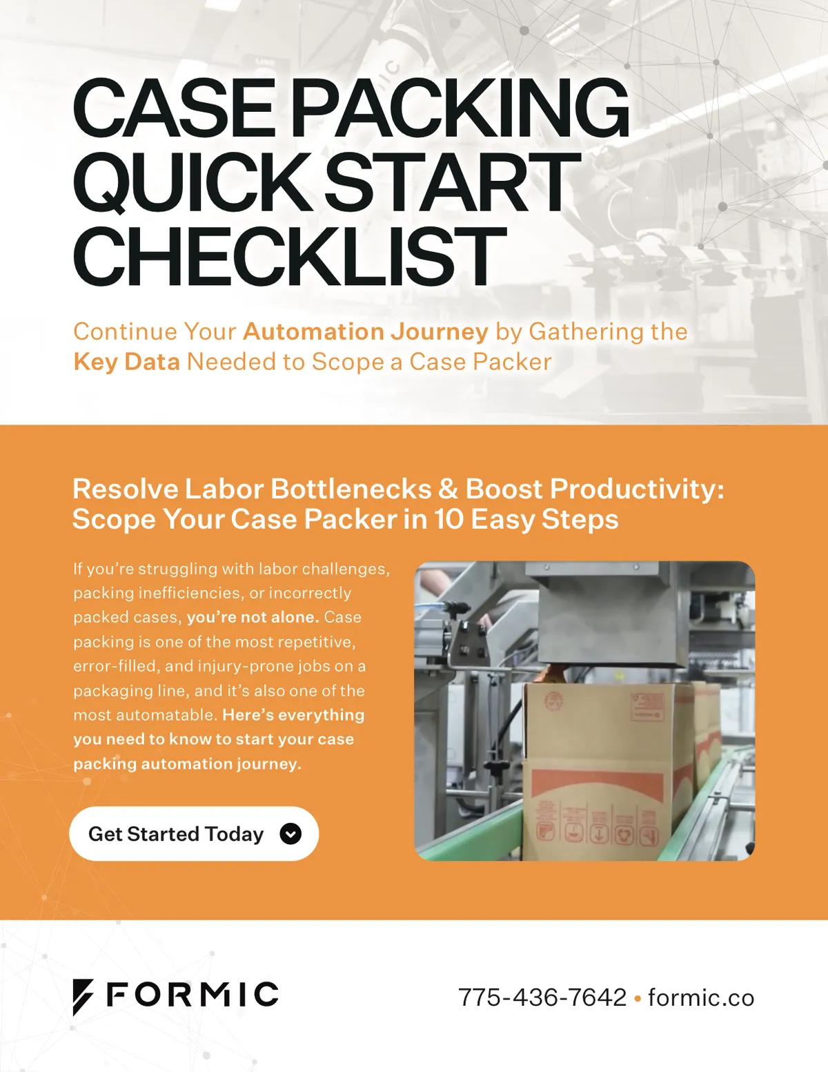 Preview of the Case Packing Quick Start Checklist — the 10 inputs a Formic engineer needs to scope a case packer.