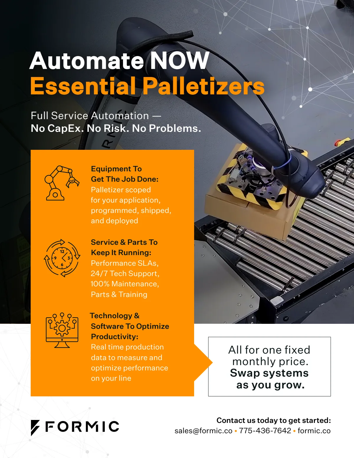 Cover of the Automate NOW Essential cobot palletizer datasheet.