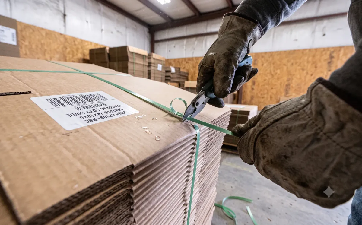 Worker cutting the strapping on a bundle of flat corrugated blanks, the start of hand-building boxes