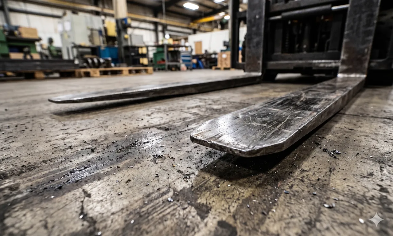 Worn forklift forks resting on a scuffed warehouse floor — the high-injury, damage-prone moves AMRs take over