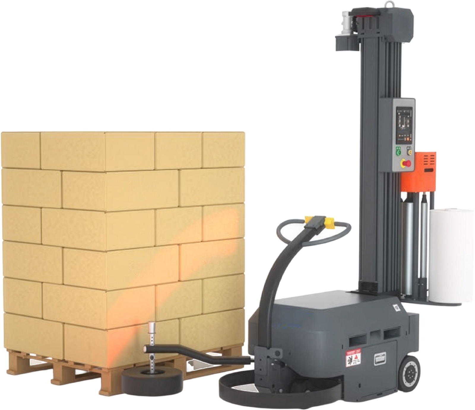 Formic robotic mobile pallet-wrap unit next to a wrapped pallet of cases