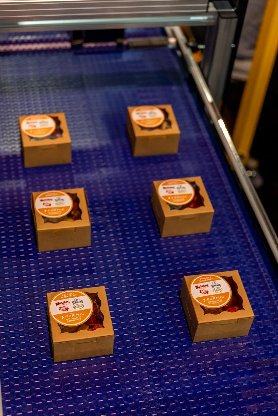 Snack boxes co-branded with Formic customers running down the booth conveyor