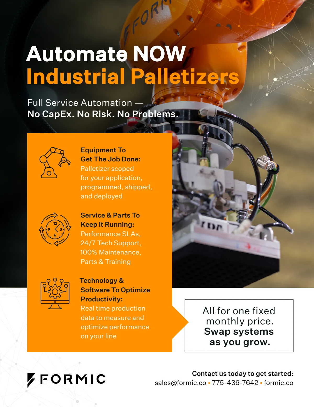 Cover of the Automate NOW Industrial palletizer datasheet.