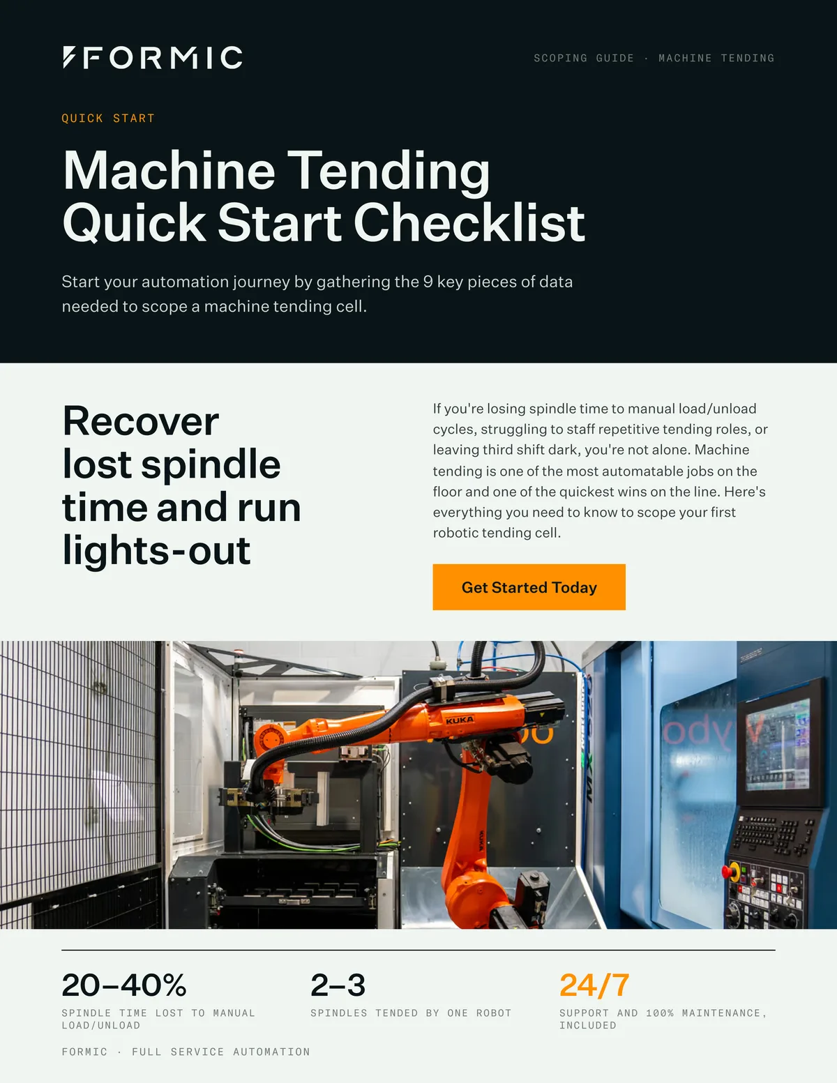 Preview of the Machine Tending Quick Start Checklist — the 9 data points a Formic engineer needs to scope a robotic tending cell.