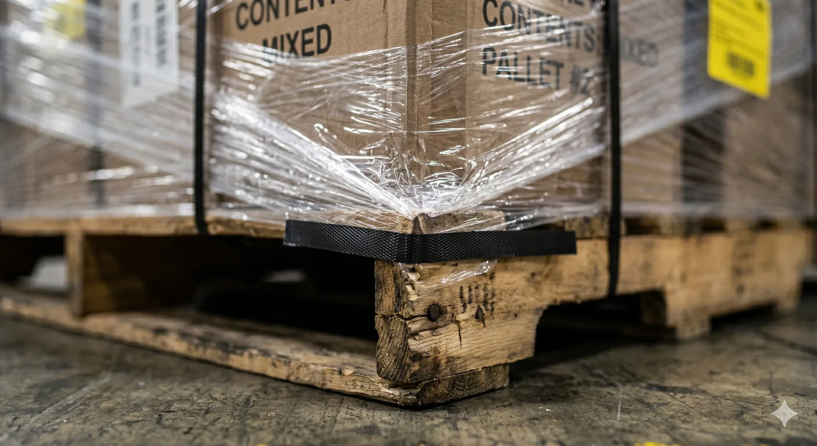 Close-up of a stretch-wrapped pallet corner with corner board holding consistent film tension where loads usually fail