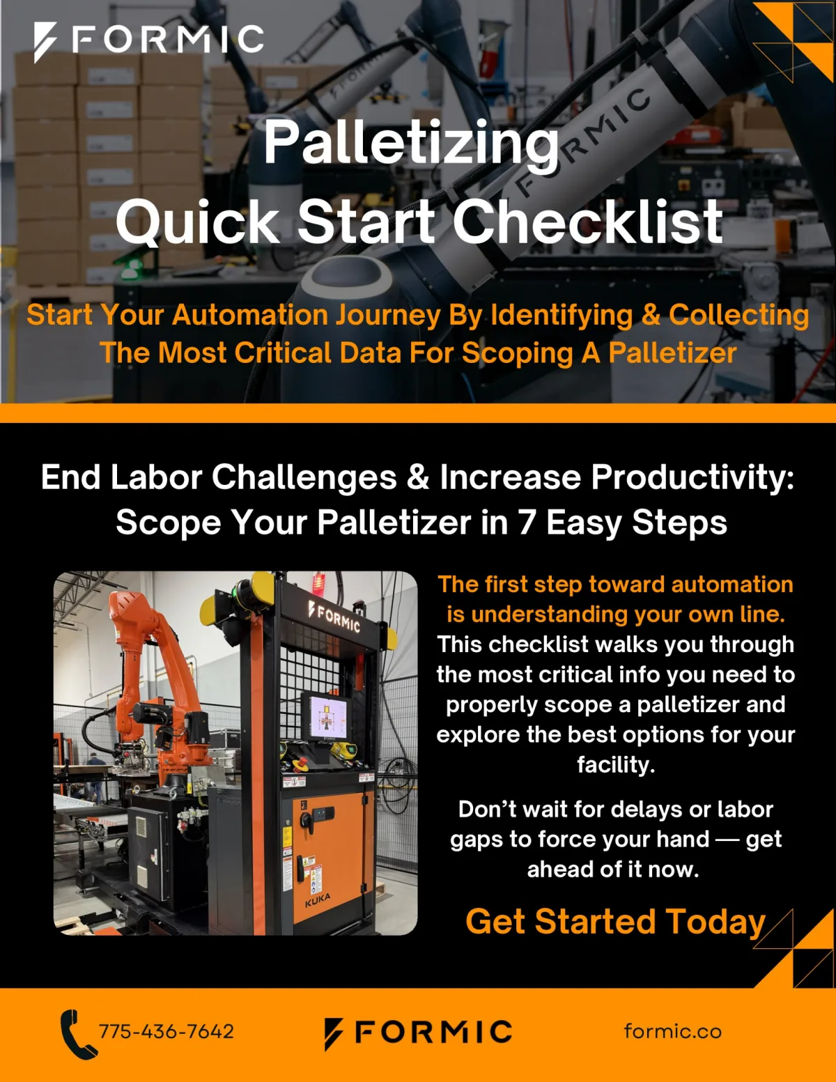 Cover of the Formic Palletizer Quick Start Checklist, the printable scoping worksheet you get on this page.