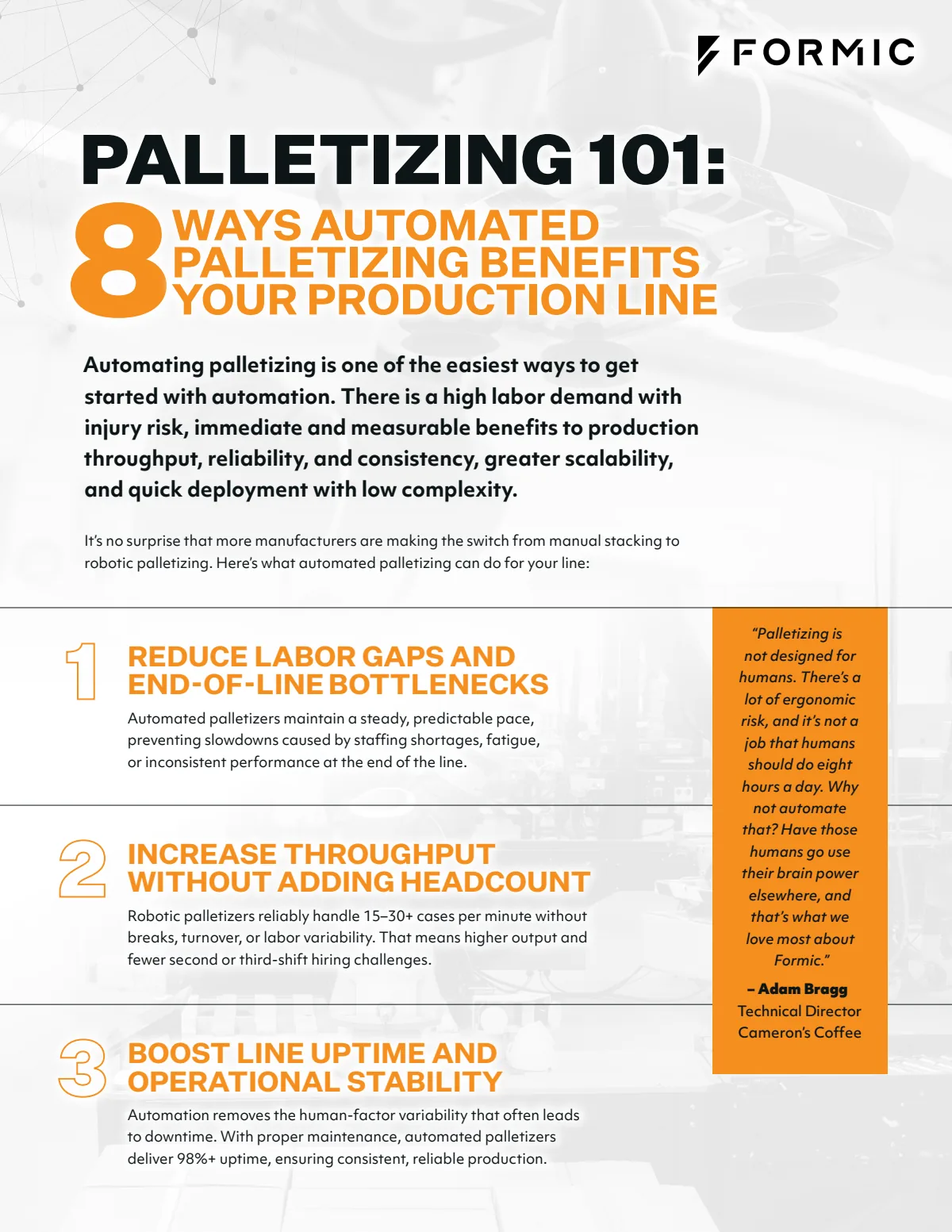 Cover of Palletizing 101, the Formic guide to 8 ways automated palletizing benefits your production line.